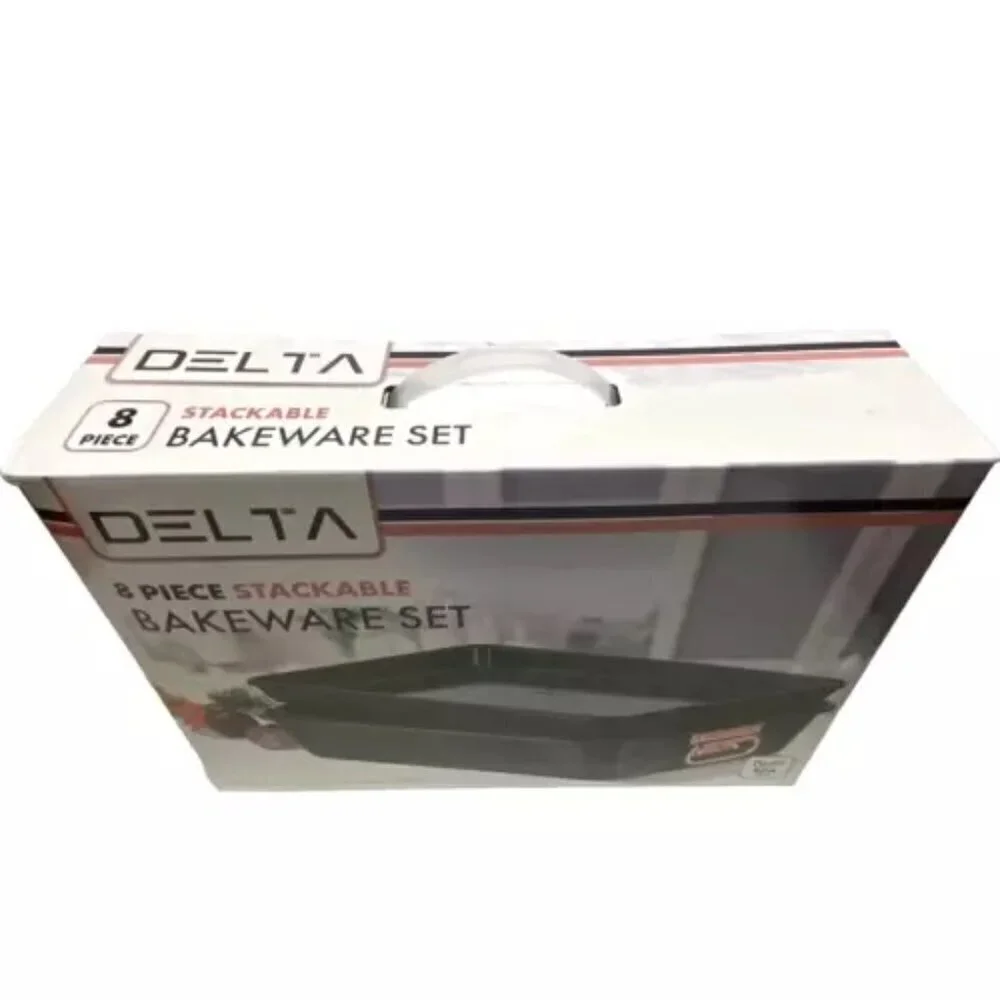 Delta 8 Piece Nonstick Stackable Bakeware Set Matte Black‎ Rose Gold Trim NIB